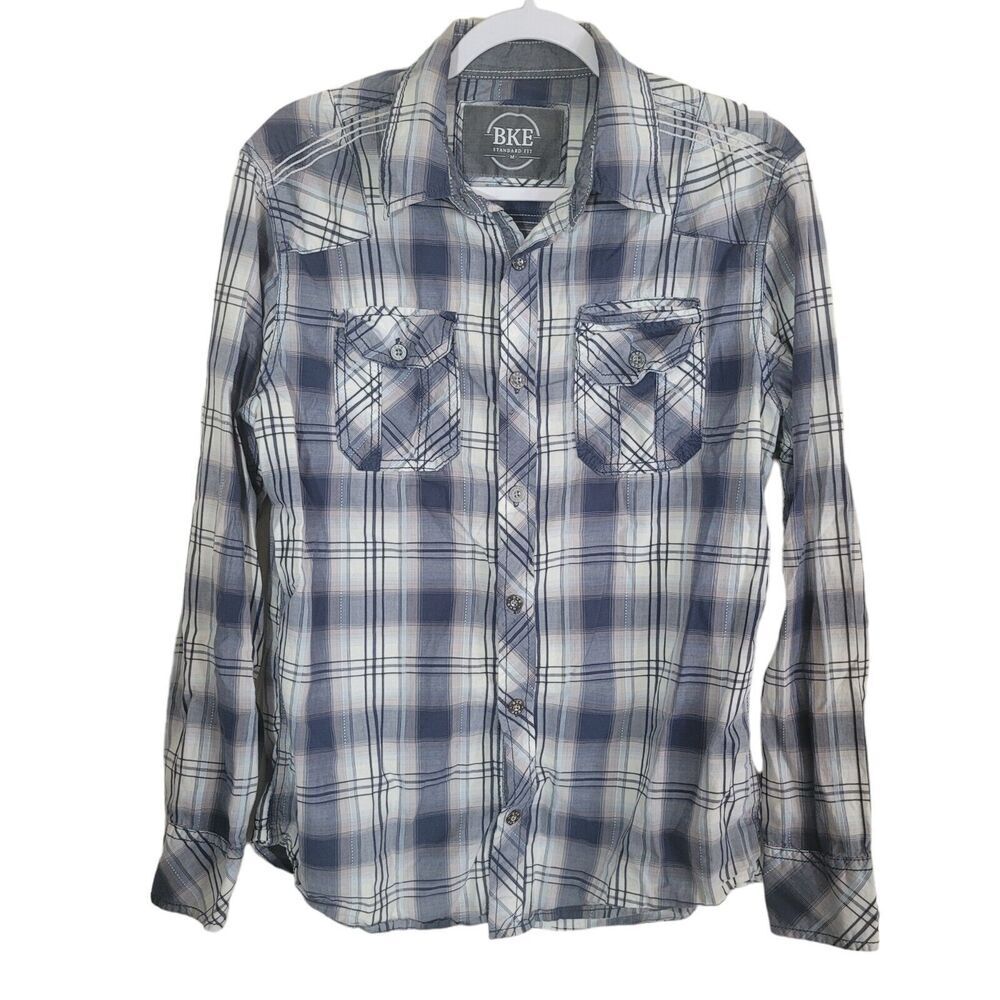 BKE Button Up Shirt Men's Size Medium Blue White Plaid Western Ranch Rodeo